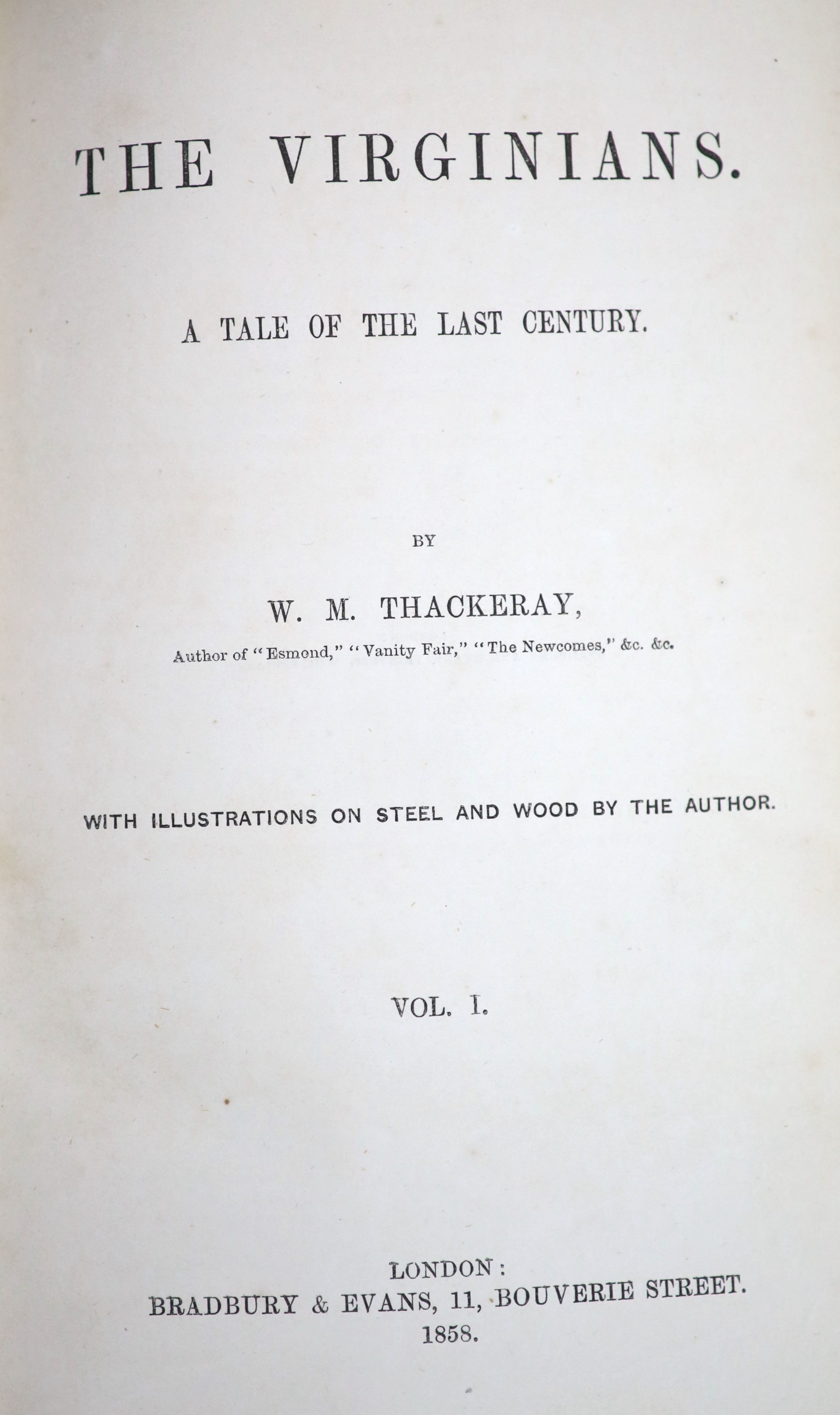 Thackeray, William Makepeace - The Works, 6 vols, 8vo, half red morocco (2) and half calf (4) with marbled boards, early fly leaves, titles and leaves stained, Bradbury and Evans, London, 1849-59